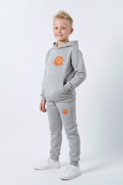 YA KO KİDS 3 İplik Ş Fleece-Lined Kangaroo Pocket Basketball Print Detailed K Hooded Boys' Tracksuit Set