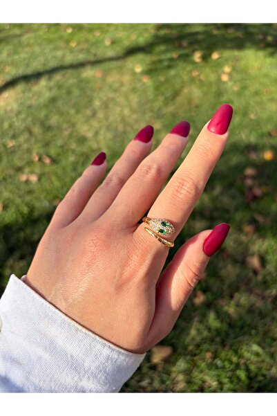 Eylülün Takısı Women's Green Stone Gold Color Snake Ring