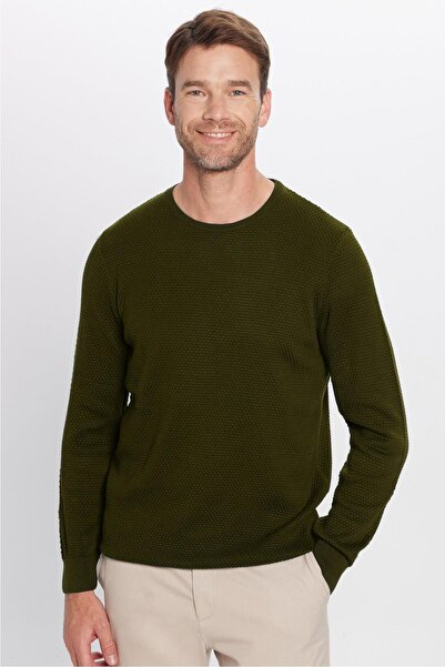 Tudors Men's Standard Fit Regular Cut Crew Neck Honeycomb Patterned Khaki Knitwear Sweater