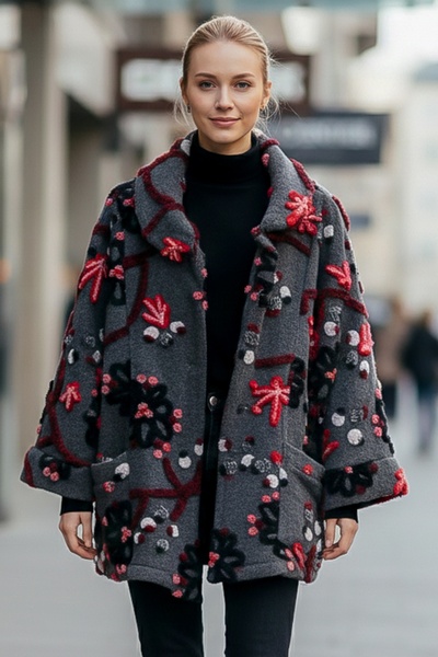 Chiccy Italian Anthracite Long Sleeve Patterned Buttoned Pocketed Casual Felt Fabric O Oversized Woven Jacket 80 80