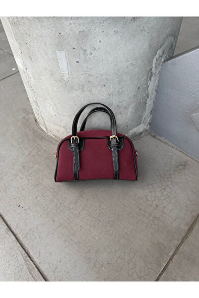 minebag Suede Leather Combination Double Belt Detailed Garne Women's Crossbody Bag Burgundy