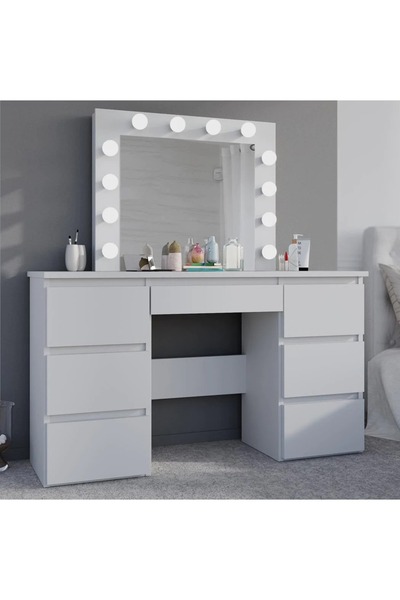 Selgot Masă de machiaj/toaletă cu 7 sertare și oglindă LED, albă, dimensiuni 120 x 45 x 140 cm