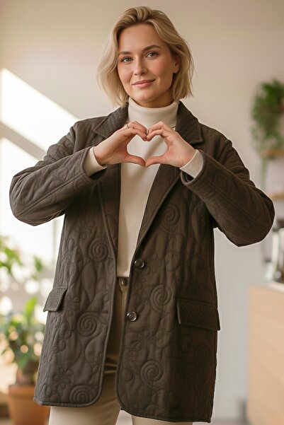 Chiccy Italian Brown Jacket Lapel Long Sleeve Buttoned Allover Embroidered Quilted O Oversized Woven Jacket 78 70