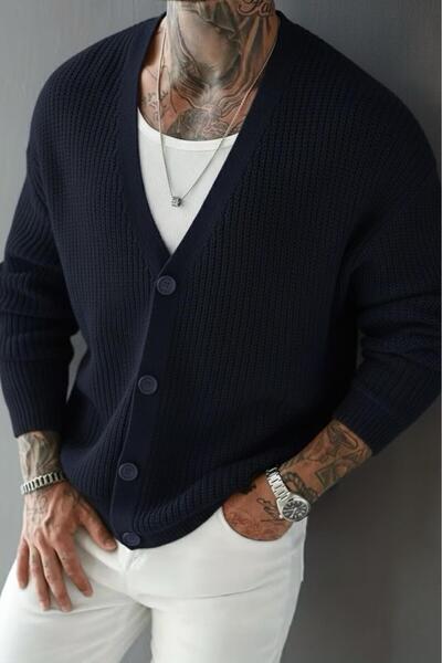 Oksit Grov Buttoned V-Neck Thick Men's Cardigan