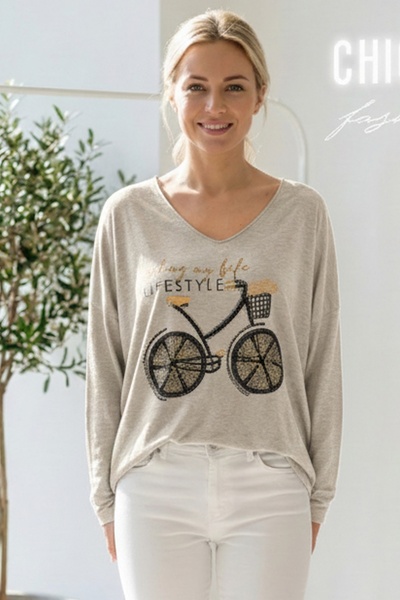 Chiccy Italian Beige V-Neck Long Sleeve B Printed Casual Acrylic O Oversized Knitwear Blouse 68 70