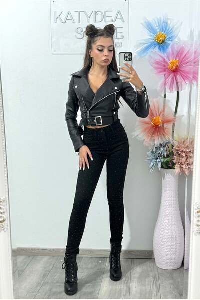 KATYDEA STORE Jeans skinny negri Carla cu cristale ștanțate