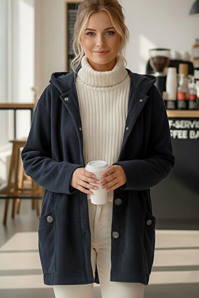 Chiccy Italian Navy Blue K Hooded Long Sleeve Buttoned Pocket Casual Velvet O Oversized Woven Jacket 80 70