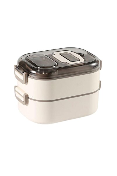 Generic Double Storey Stainless Steel Lunch Box 3 Compartment Tiffin with Sauce Lid Spoon Fork Cream