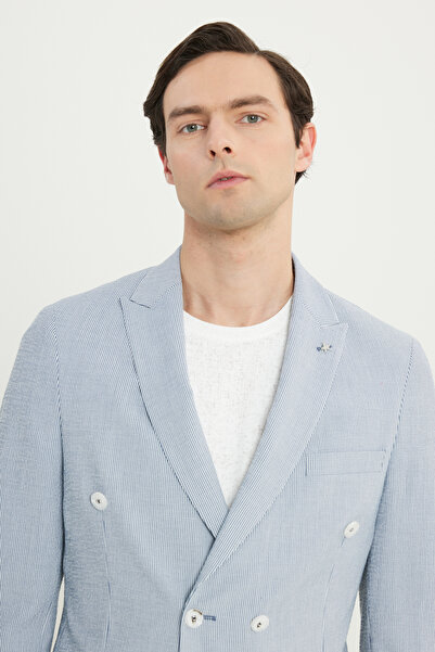 ALTINYILDIZ CLASSICS Men's Navy Blue-White Slim Fit Slim Fit Swallow Collar Striped Seersucker Pattern Double-Breasted Suit