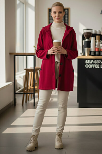 Chiccy Italian Red K Hooded Long Sleeve Buttoned Pocket Casual Velvet O Oversized Woven Jacket 80 70