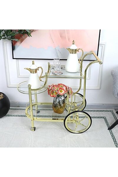 Al Hadaya Mall Luxury Gold Stainless Steel 2-Tier Serving Cart with Wheels