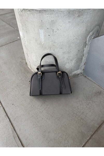 minebag Suede Leather Combination Double Belt Detailed Garne Women's Crossbody Bag Gray