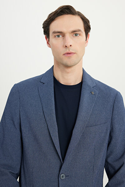 ALTINYILDIZ CLASSICS Men's Navy Blue Extra Slim Fit Slim Fit Mono Collar Striped Seersucker Patterned Suit with Flap Pockets