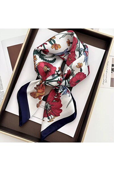 DELEIZA ACCESSORY Floral Breeze White Navy Blue Pattern Silk Scarf 70×70