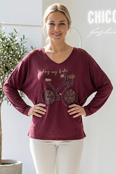 Chiccy İtalyan Mürdüm Rengi V Yaka Uzun Kol Baskılı Casual Akrilik Oversize Triko Bluz 68 70