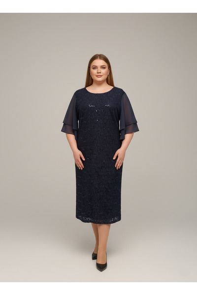 MODA BÜYÜK BEDEN DANTEL İŞLİ MİDİ ABİYE ELBİSE