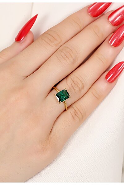 LİNOVE JEWELLERY 925 Ayar Gümüş Yeşil Taşlı Tektaş Yüzük, Gümüş Baget Yüzük, ...