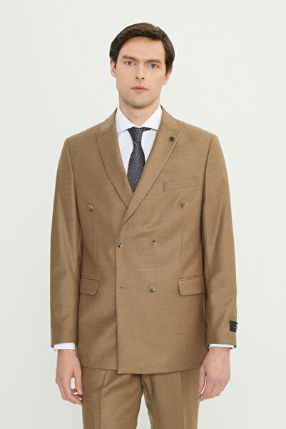 ALTINYILDIZ CLASSICS Men's Camel Wool Slim Fit Slim Fit Swallow Collar Flap Pocket Double-Breasted Piece Suit