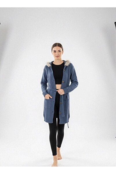 rushana Women's Hooded Furry Pocket Knit Cardigan