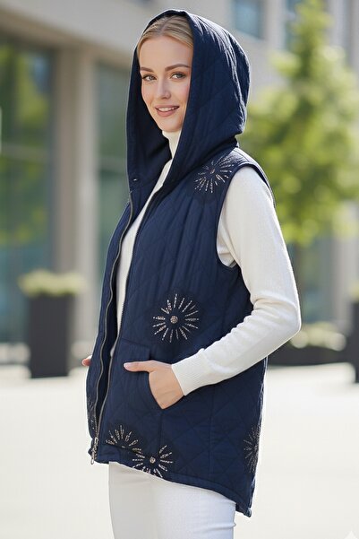 Chiccy Італійський синій капюшон без рукавів на блискавці з кишенями-кенгуру, з паєтками, з капітоне-тканиною, жилет 67 62