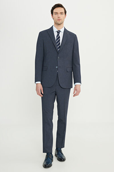 ALTINYILDIZ CLASSICS Men's Navy Blue Slim Fit Slim Fit Swallow Collar Striped Seersucker Patterned Suit with Flap Pockets