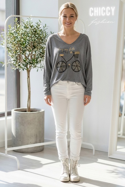 Chiccy Italian Anthracite V-Neck Long Sleeve B Printed Casual Acrylic O Oversized Knitwear Blouse 68 70