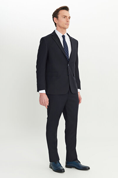 ALTINYILDIZ CLASSICS Men's Dark Navy Regular Fit Regular Cut Filafil Patterned Mono Collar Covered Pocket Suit