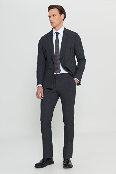 ALTINYILDIZ CLASSICS Men's Anthracite Slim Fit Slim Fit Swallow Collar Patterned Flexible Double-Breasted Suit with Flap Pocket