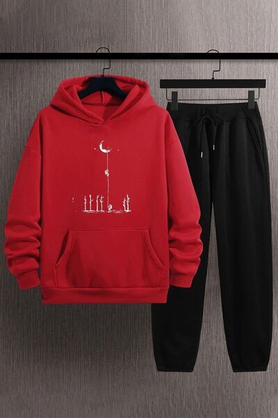 trendypassion Unisex Red Hooded Space Themed Printed Tracksuit Set