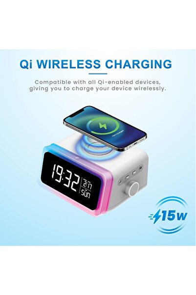 Generic 3 in 1 Digital Alarm Clock 15W Wireless Charger Bluetooth Speaker RGB Night Light Bedside White