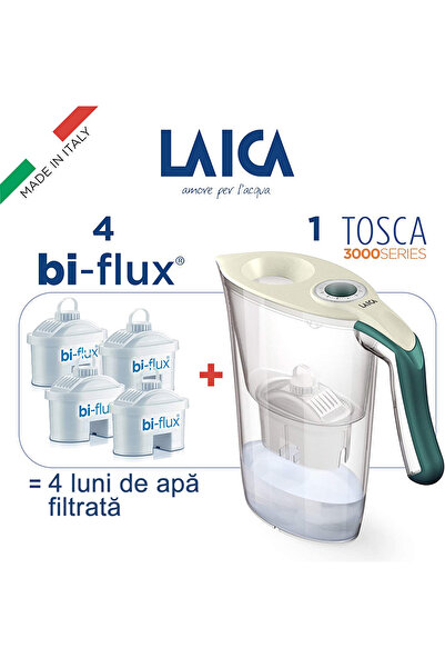 LAICA Tosca Water Filter Pitcher 2.3L with 4 Bi-Flux Universal Cartridges, White/Green
