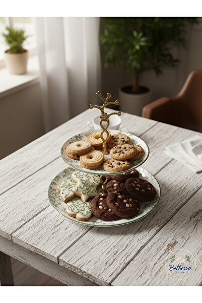 BELBERRA 2 Katlı Kurabiyelik & Sunumluk Yeşil Çiçekli