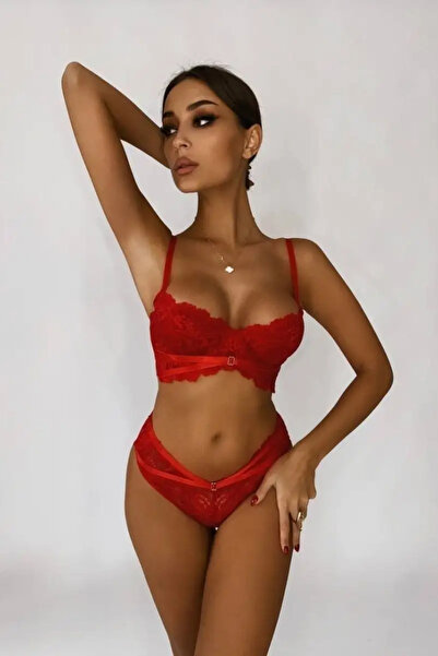 Trendyup Fine Lace Underwear Set, Noir Lingerie, 2 pieces, Red