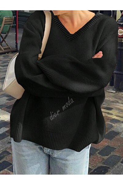 Dier Moda Γυναικείο πλεκτό πουλόβερ με λαιμόκοψη σε μαύρο χρώμα oversized , πλεκτό πουλόβερ Fmoda1970