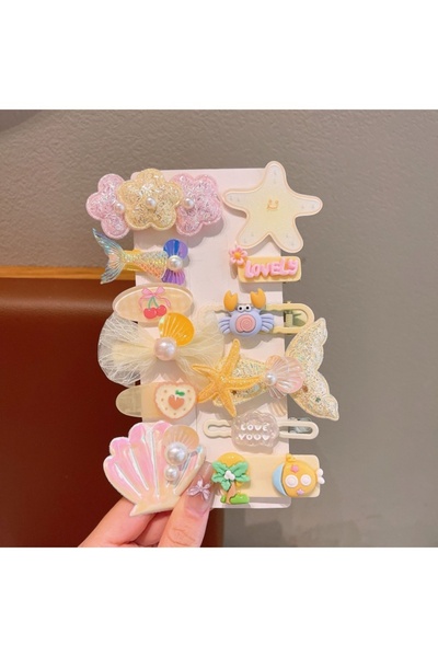 Generic 6 أزواج من مشابك الشعر على شكل نجمة البحر الزرقاء وحورية البحر والفراشة والصدف للبنات - أصفر