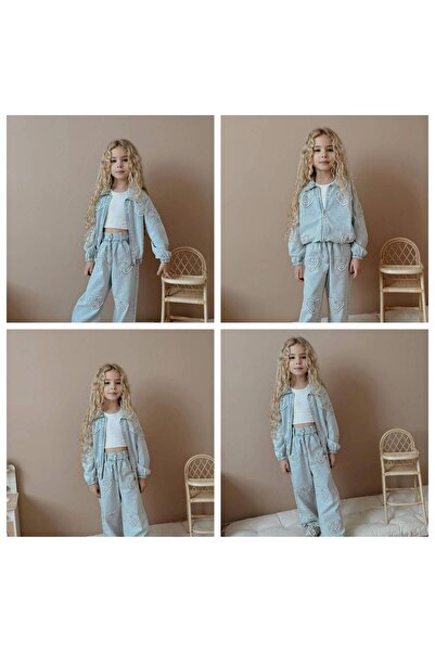 Jolly Kids Set de iarnă pentru fetiță, cu inimă albastră, cu jachetă din denim și pantaloni