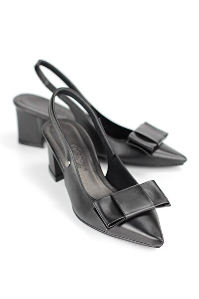 Gökhan Talay نيرا نعل مرن ناعم غير قابل للانزلاق (4 سم) جلد أسود مفتوح مطاطي للنساء بكعب سميك وفيونكة زاوية