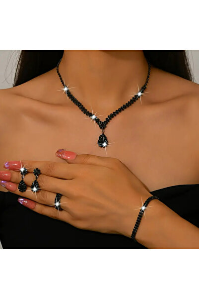 set.up Complete Black Zircon Stone Design Quad Set of Necklace, Earrings, Bracelet and Ring
