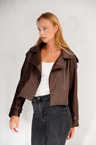 MEECY Oversize Brown Leather Jacket