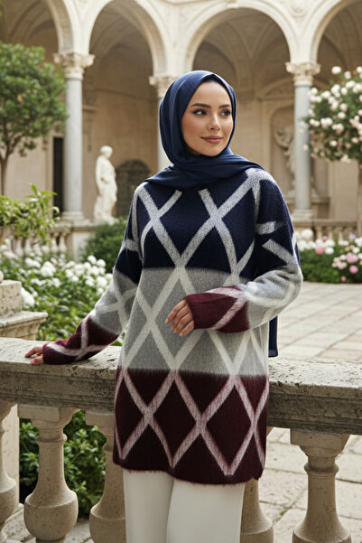 N.S NEVA STYLE Πλεκτό πουλόβερ τούνικ με μπλοκ χρώματα Navy Blue Hijab 87381L