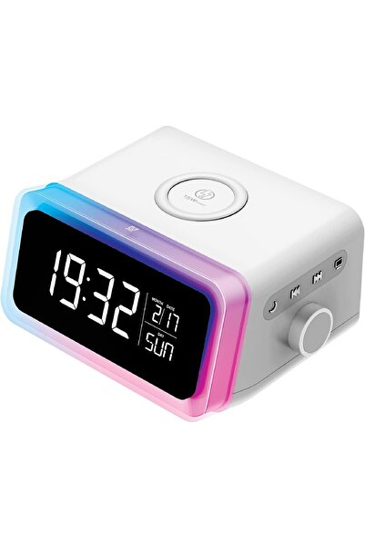 Generic 3 in 1 Digital Alarm Clock 15W Wireless Charger Bluetooth Speaker RGB Night Light Bedside White