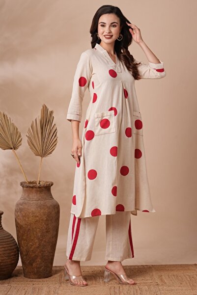 PRIYA'S PANACHE Polka Dot Printed A-Line Co-ord Set Off White | Indian Dress Ethnic Kurta Set for Women