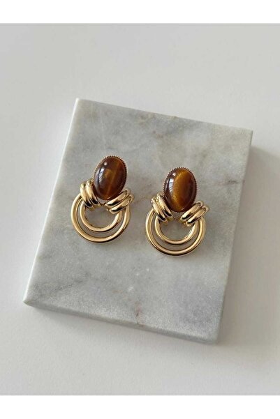 Bubbleatelier Kahverengi taş detaylı gold vintage kupe