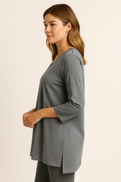 Şans Women's Plus Size Gray, Organic Cotton, V-Neck Lace Detail, 3/4 Sleeve Blouse 65N39264