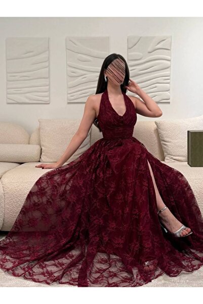 berlanty Long lace evening dress with a halter neckline and an attractive side slit