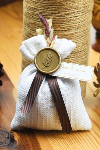 Baprile Kurdele ve Mühür Detaylı Lavanta Kesesi Seti Keten Kumaş 10 Adet