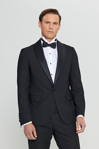 ALTINYILDIZ CLASSICS Erkek Siyah Yünlü Regular Fit Normal Kesim Çıkma Şal Yaka Damatlık Smokin Takım