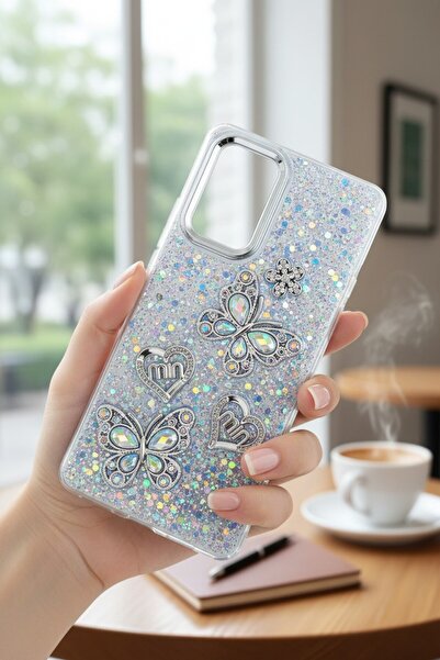 batuteknoloji Xiaomi Redmi Note 10 Pro Kelebek ve Kalp Kabartmalı Simli Taşlı BTU Şeffaf Silikon Kapak