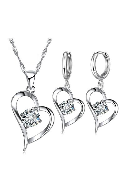 SSMEDIA Jewelry set: earrings and necklace, 925 silver plated, heart shaped + box or bag