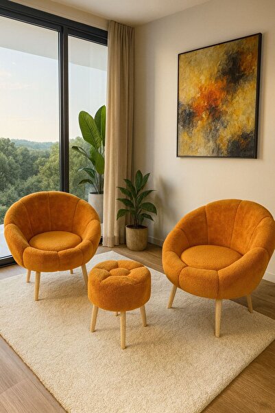 KOKİ DESİGN LİDA Turuncu Wellsoft Peluş Kumaş İkili Berjer Seti PAPATYA PUF H...